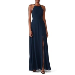 Jenny Yoo Kayla Dress Chiffon Halter Gown Strappy Back Sleeveless Navy Blue 4